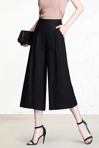 Yellow Linen Wide Leg Pants - Back Elastic Waist, Front Pockets 3523
