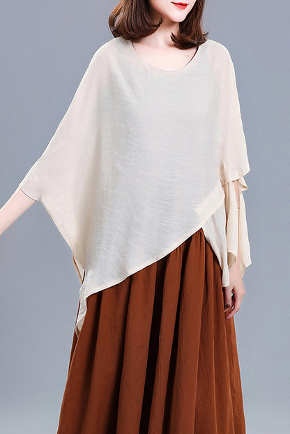 Grey Linen Casual Top - Round Neck Asymmetrical Hem 3675