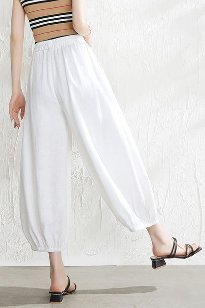 Beige Linen Wide Leg Pants - Casual Relaxed Fit with Elastic Waist 3516