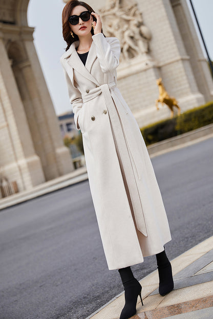 Beige Wool Coat – Handmade Long Double Breasted Belted Winter Overcoat for Women 3978