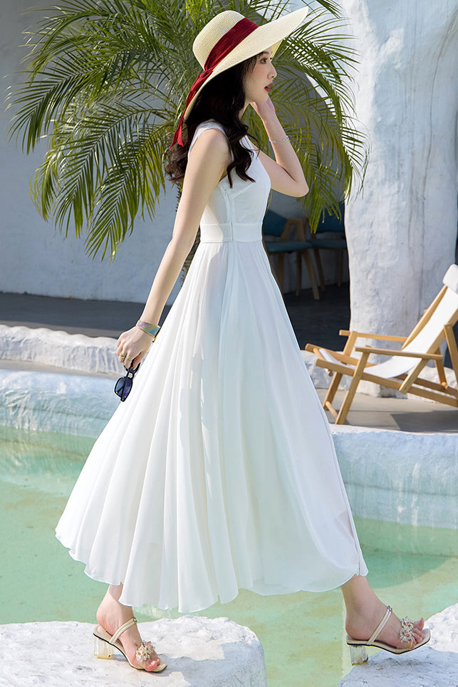 White Chiffon Dress with Sleeveless Flowing Cloak