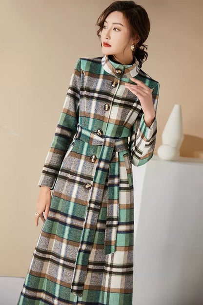 Handmade Green Plaid Wool Coat – Elegant Belted High Neck Long Overcoat | Xiaolizi 3996