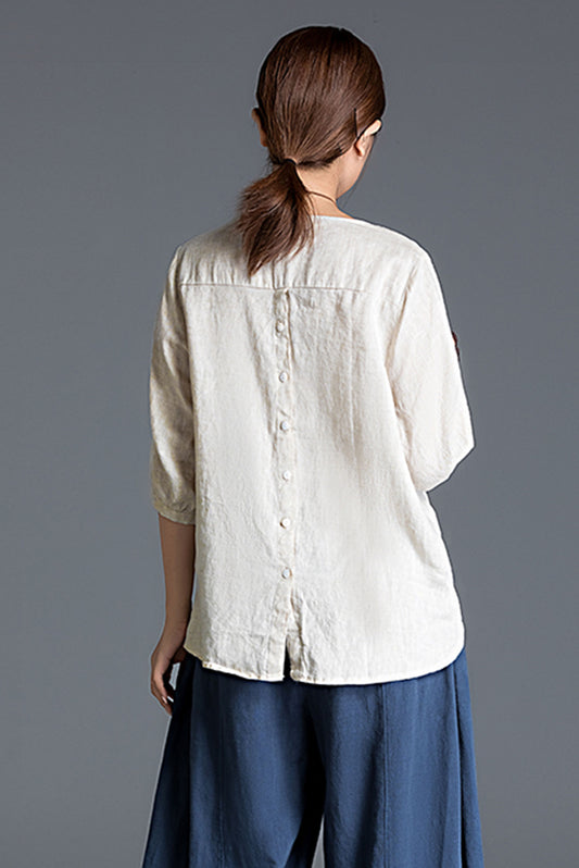 100% Linen Half Sleeve Blouse - Oversized Round Neck | Xiaolizi 3409