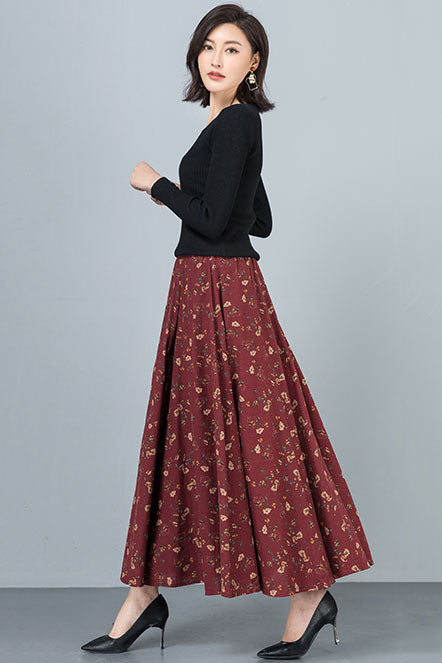 A-Line Floral Cotton Linen Skirt 4108