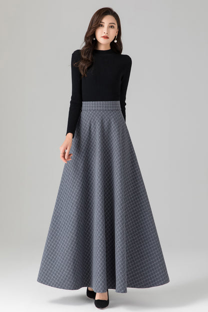 Grey Wool Maxi Skirt - Plaid Patterned, Elastic Waist 3937
