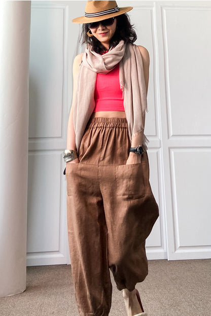 Brown Linen Wide Leg Cropped Pants - Elastic Waist, Front Pockets 3507
