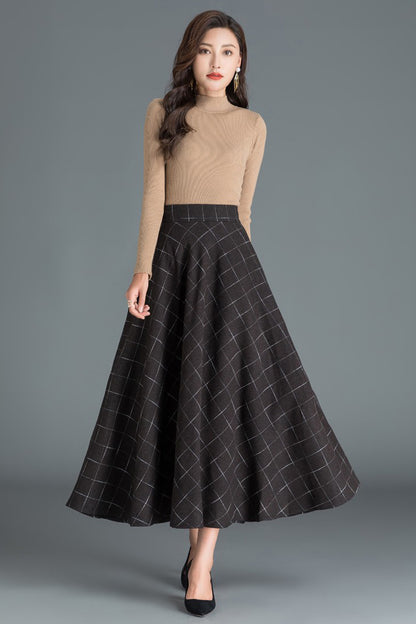 Black & White Plaid Wool A-Line Skirt - Flowy Ankle Length 3809