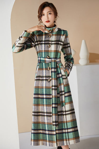 Handmade Green Plaid Wool Coat – Elegant Belted High Neck Long Overcoat | Xiaolizi 3996