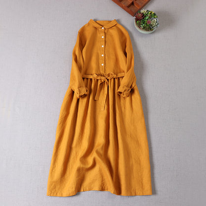 Beige Cotton Linen Midi Dress - Pleated Swing, Button-Up Waist Tie 280501