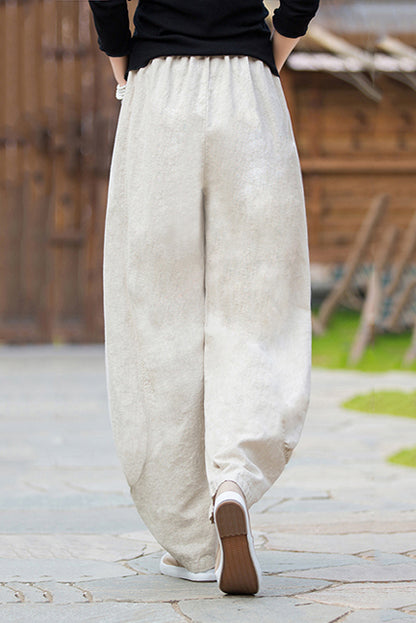 Beige Linen Wide Leg Pants - Loose Fit, Elastic Waist 3668