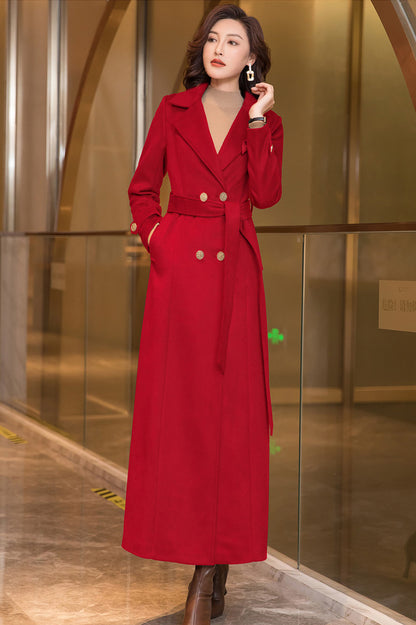 Black Wool Coat – Long Double Breasted Belted Winter Overcoat for Women 3970