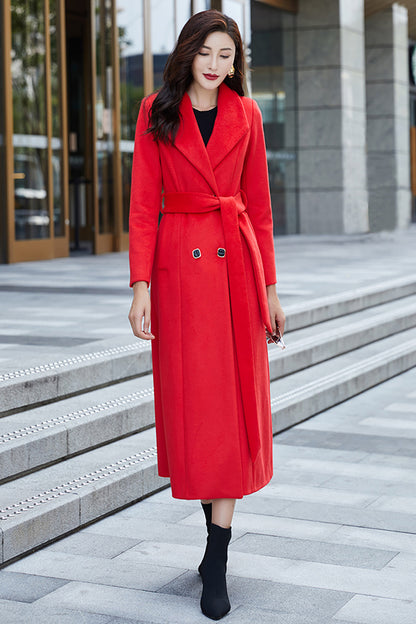 Red Wool Coat – Handmade Long Double Breasted Belted Winter Overcoat for Women 3975