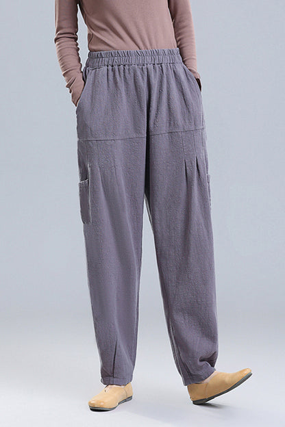 Beige Linen Wide Leg Pants - Elastic Waist, Four Pockets 3667