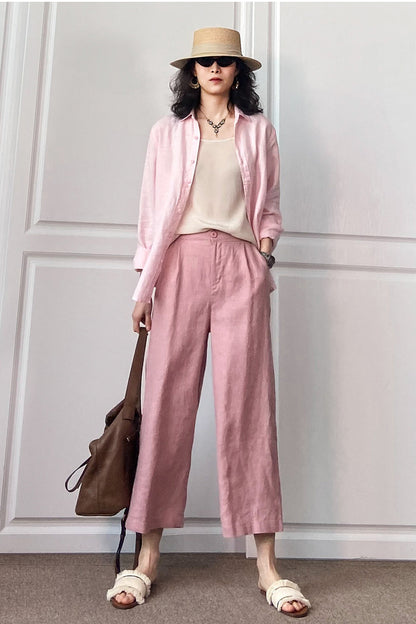 Pink Linen Wide Leg Pants - Elastic Waist, Casual Comfort 3508