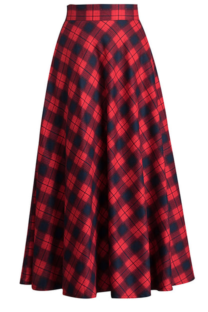 Red Wool Plaid Maxi Skirt - Full Flowy Ankle Length 3921