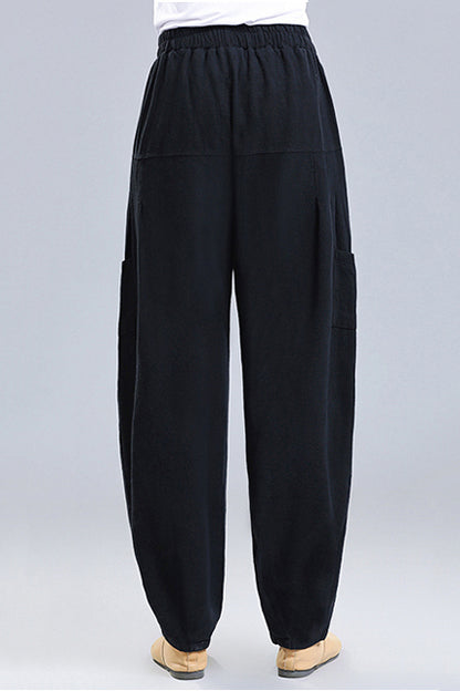 Beige Linen Wide Leg Pants - Elastic Waist, Four Pockets 3667