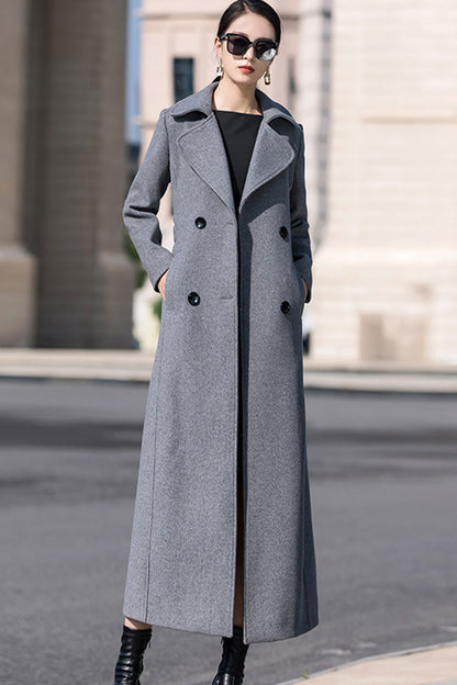 Gray Wool Maxi Coat - Double Breasted with Belt 3193