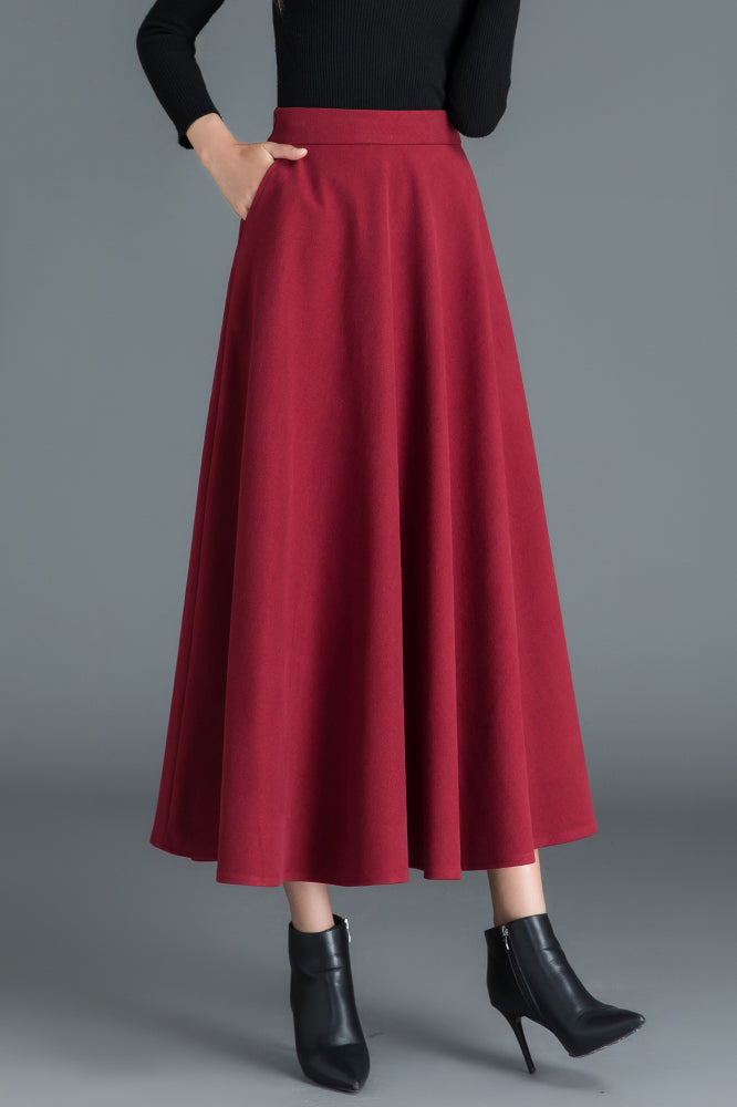 Wine Red Women Long Wool Skirt 3789