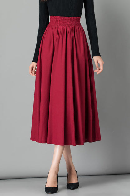 Emerald Green Linen Midi Skirt - High Waist Pleated Casual Style 4103