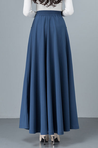 Black Cotton Blend A-Line Long Skirt - Back Elastic Waist 4092