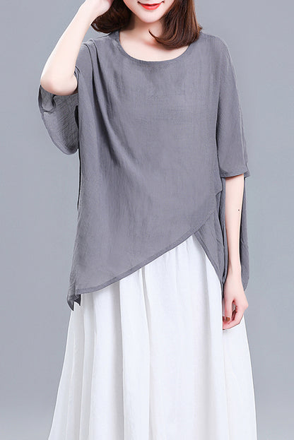 Grey Linen Casual Top - Round Neck Asymmetrical Hem 3675