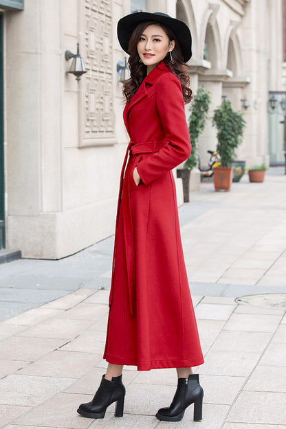 Handmade Red Wool Coat – Elegant Belted Long Fit and Flare Winter Overcoat | Xiaolizi 3984