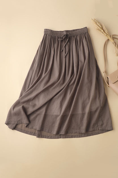 Army Green Linen A-Line Maxi Skirt - Elastic Waist, Side Pockets 3592