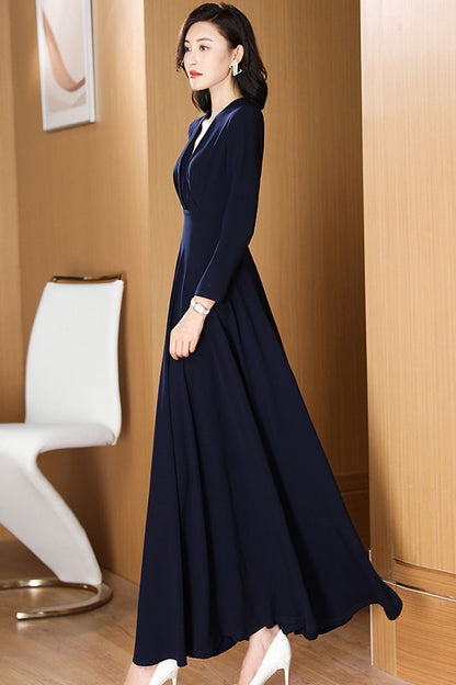 V-neck Long sleeve Navy Blue dress 3197