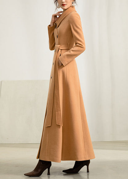 Camel Wool Maxi Coat - Fit and Flare Silhouette with Self Tie Belt 2954