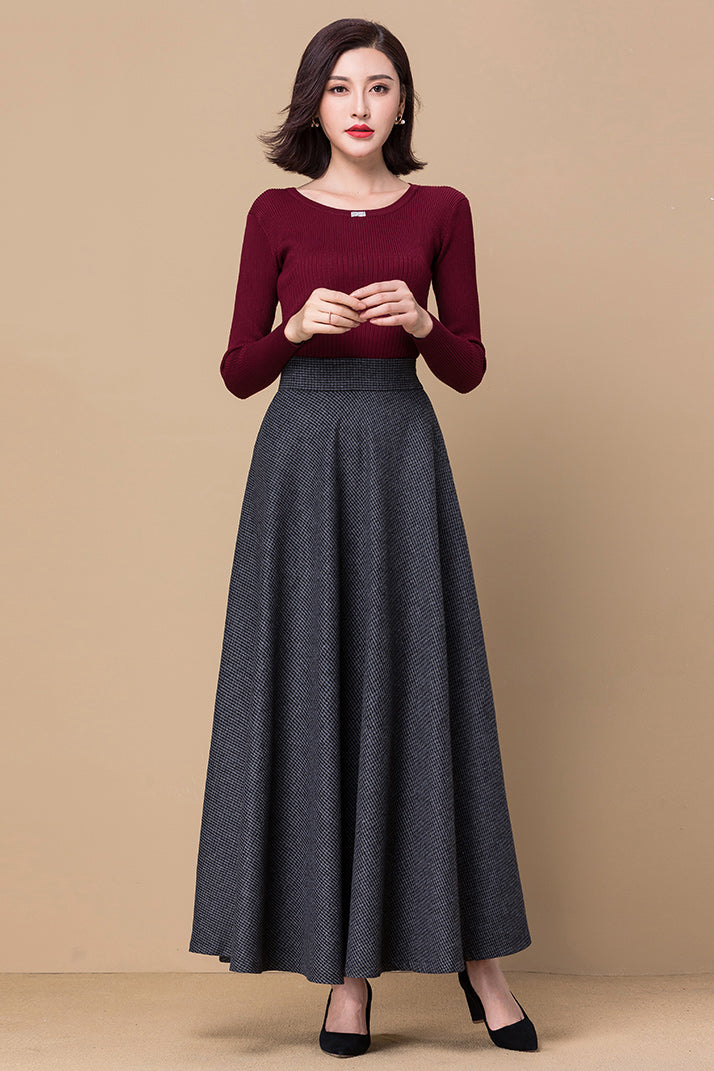 Dark Grey Plaid Women Wool Skirt 3798