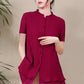 Women Wine Red Double-deck Short Sleeve Linen Shirt Tops 3679