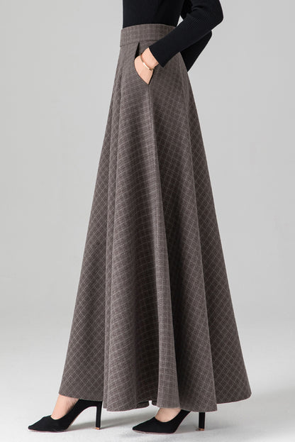 Plaid Wool Maxi Skirt - Ankle Length, Full Silhouette 3943