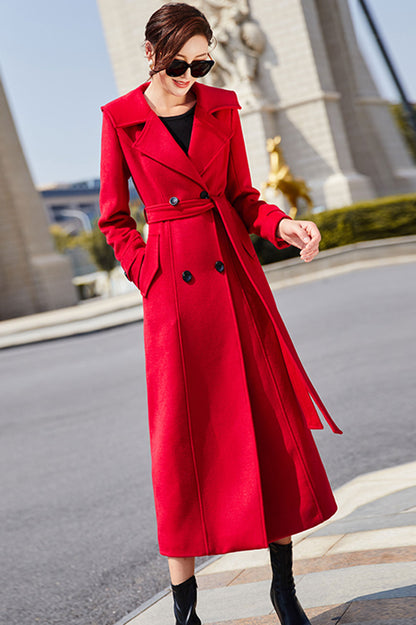 Red Wool Maxi Coat - Double Breasted with Tie Belt Waist 3194