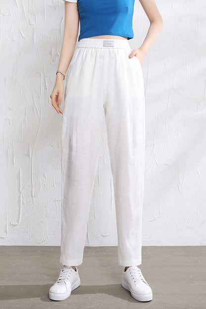 Beige Linen Pants - Elastic Waist, Relaxed Fit 3513