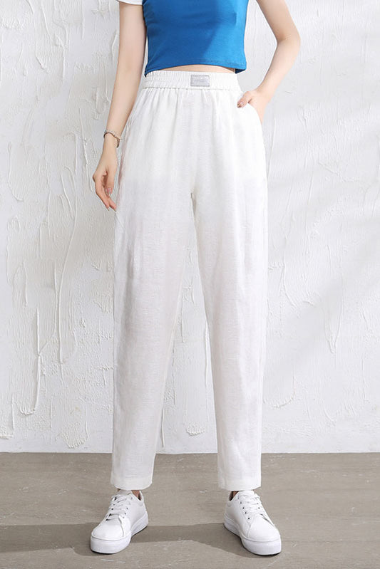 Beige Linen Pants - Elastic Waist, Relaxed Fit 3513