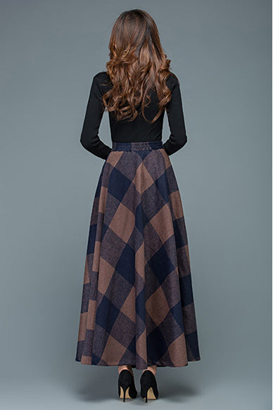 Plaid Wool Long Skirt - Full Flowy A-Line Silhouette 3947