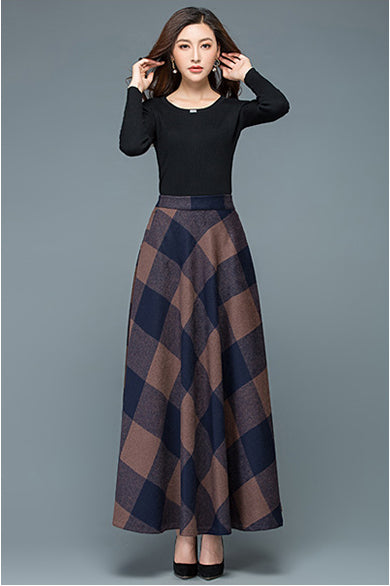 Plaid Wool Long Skirt - Full Flowy A-Line Silhouette 3947