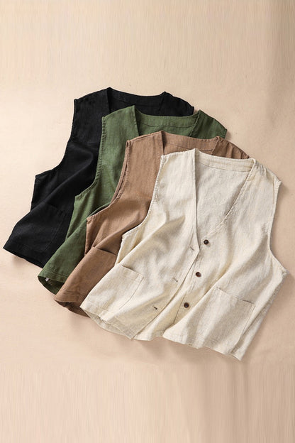 Beige Linen Cotton Vest - Vintage Inspired V-Neck Sleeveless 3645