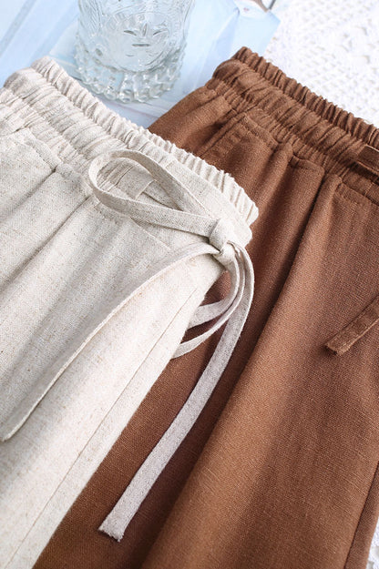 Brown Linen Wide Leg Pants - Elastic Waist, Loose Fit 3520