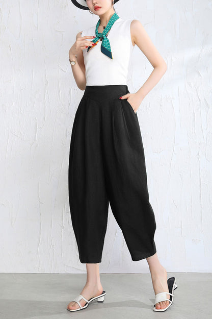 White Linen Wide Leg Pants - Casual Elastic Waist Loose Fit 3514