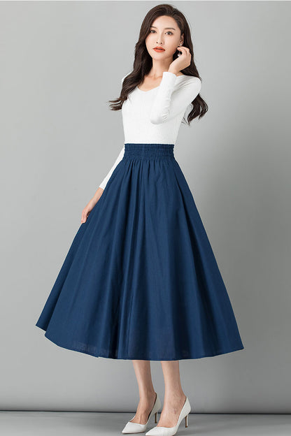 Brown Linen Skirt - Elastic Waist A-Line Maxi Skirt 4107