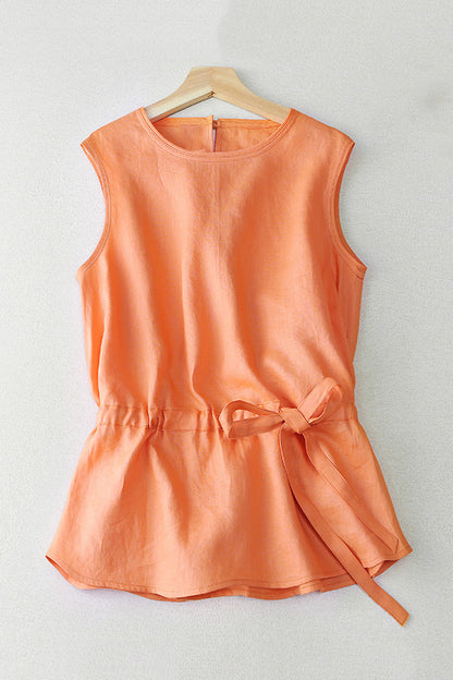Apricot Linen Sleeveless Top - Relaxed Fit with Waist Tie 3659
