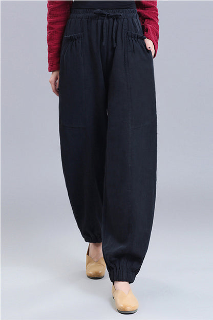 Black Linen Wide Leg Pants - Loose Fit Elastic Waist Bloomers 3669