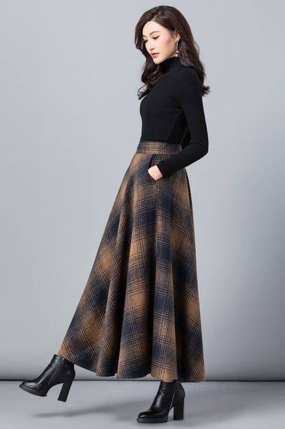 Brown Plaid Wool Maxi Skirt – Handmade Long Winter Skirt with Pockets | Xiaolizi 3801
