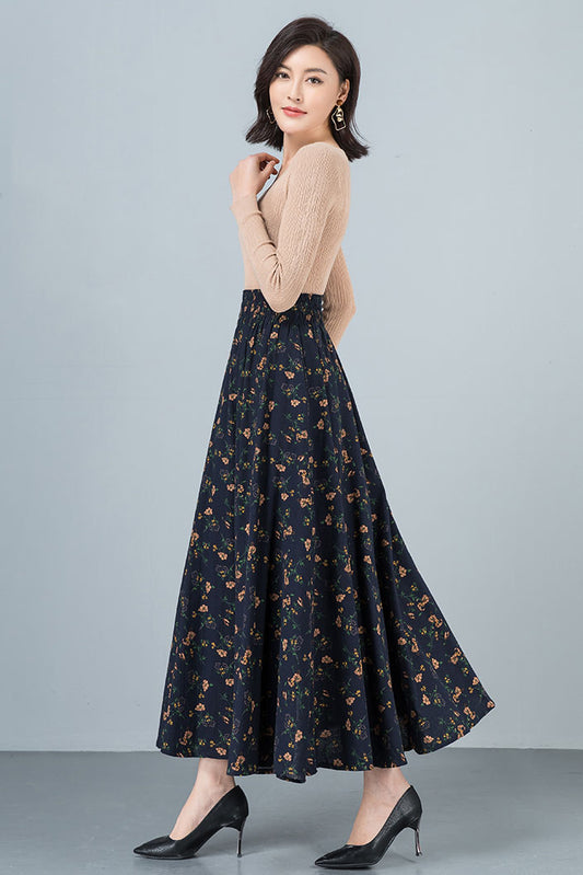 High Waist Floral Cotton Linen Skirt 4109