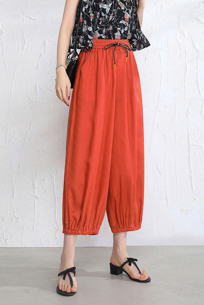 Brown Linen Wide Leg Pants - Elastic Waist and Casual Fit 3519