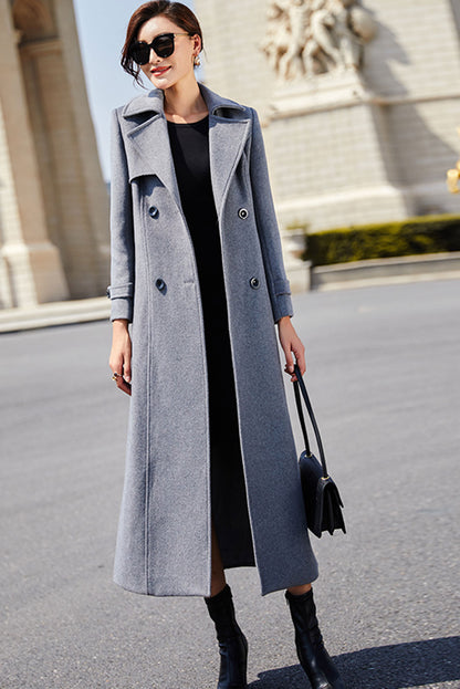 Gray Wool Maxi Coat - Double Breasted with Tie Belt 319501