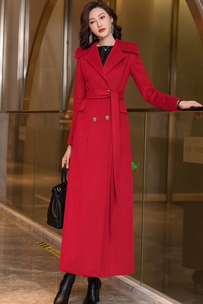 Brown Wool Coat – Handmade Long Double Breasted Belted Winter Overcoat for Women 3969