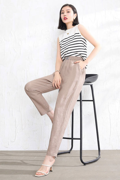 Beige Linen Pants - Elastic Waist, Relaxed Fit 3513