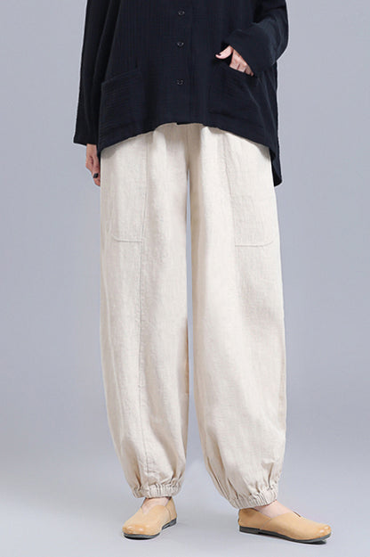 Black Linen Wide Leg Pants - Loose Fit Elastic Waist Bloomers 3669